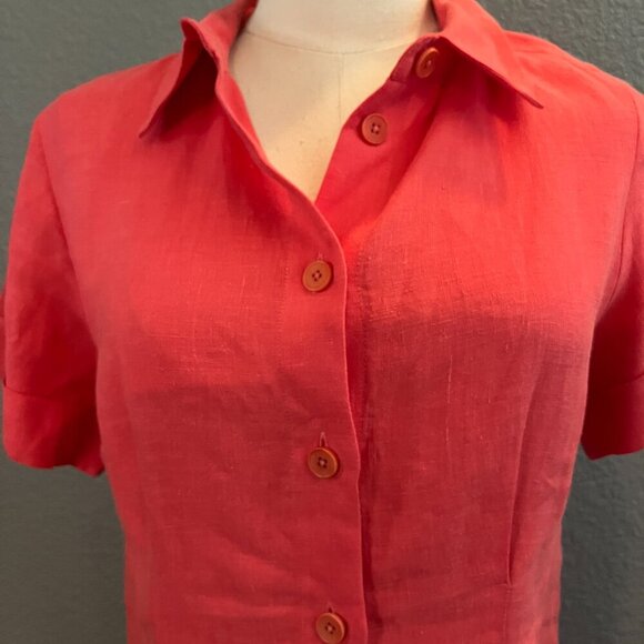 MAJE CUTOUT TWISTED BACK 100% LINEN MIDI BUTTON UP SHIRT DRESS in HIBISCUS  - 38 - Picture 2 of 15